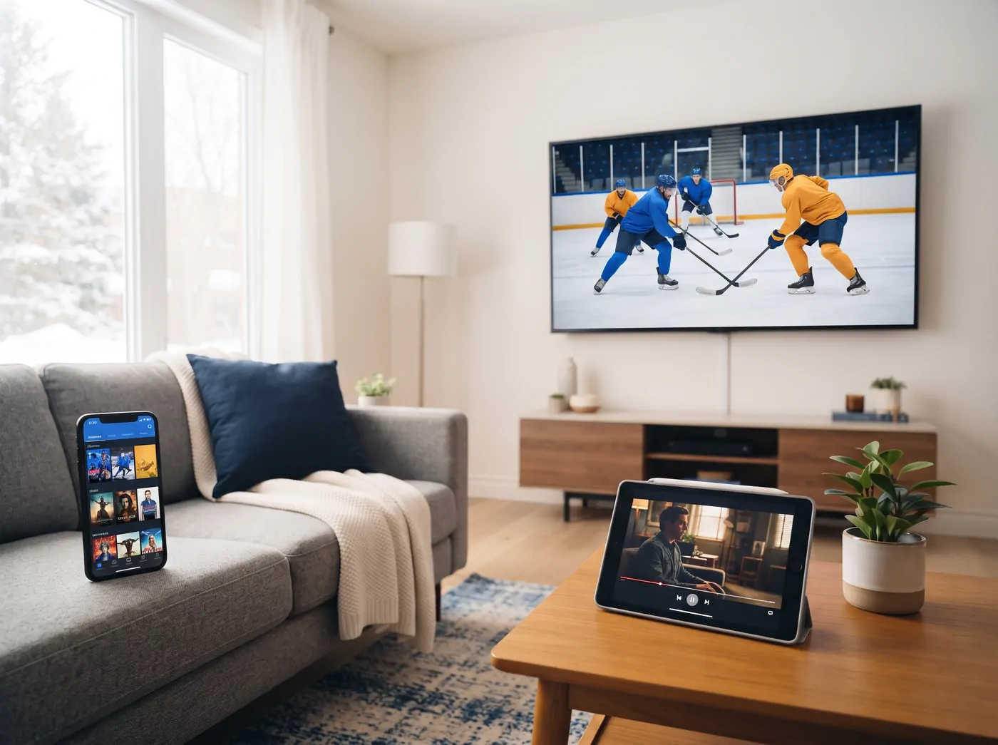 Live hockey playing on a living room TV through IPTV Canada, with movies on a phone and a series on a tablet
